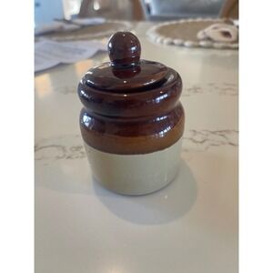 Small Two Tone Brown and Tan Stoneware Crock with Lid Ceramic Jar